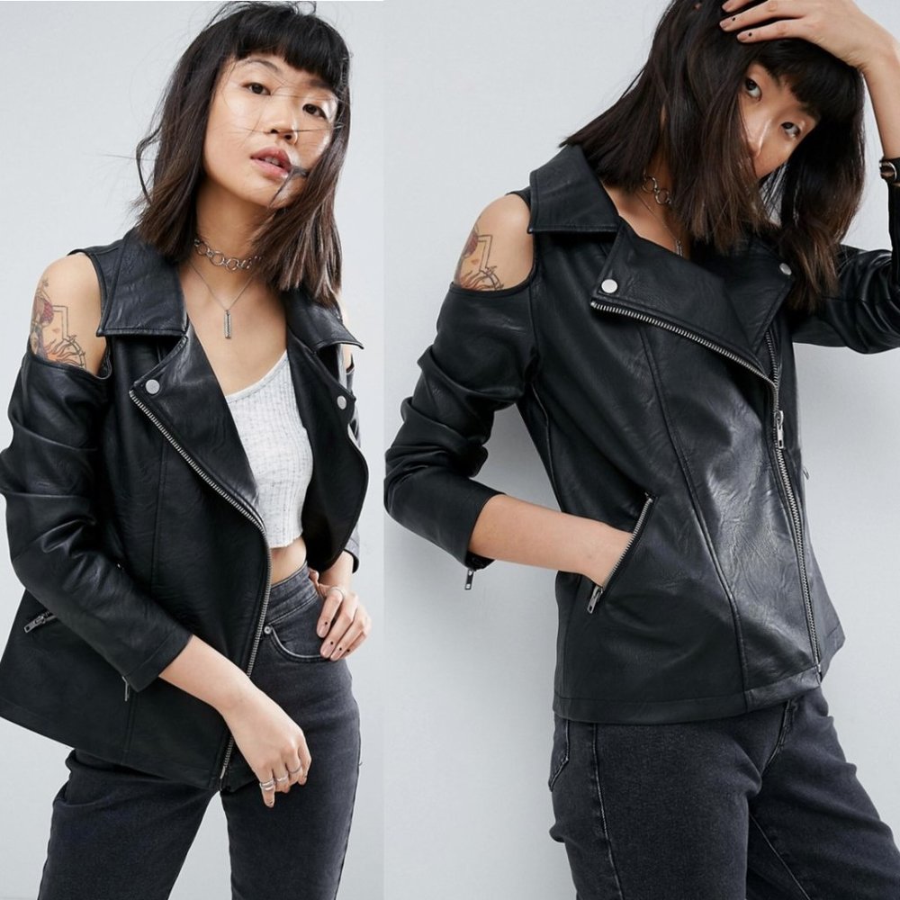 ASOS Women's Black Faux Leather Cold Shoulder Biker Jacket Size 12